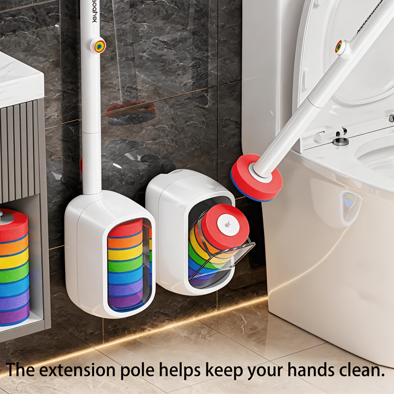 Home Bathroom Cleaning Kit - Joybos 壁掛けトイレブラシセット、交換可能なヘッド28個付き、ワンクリックリリース、自動蓋収納ホルダー、ドリル不要の省スペース浴室清掃システム