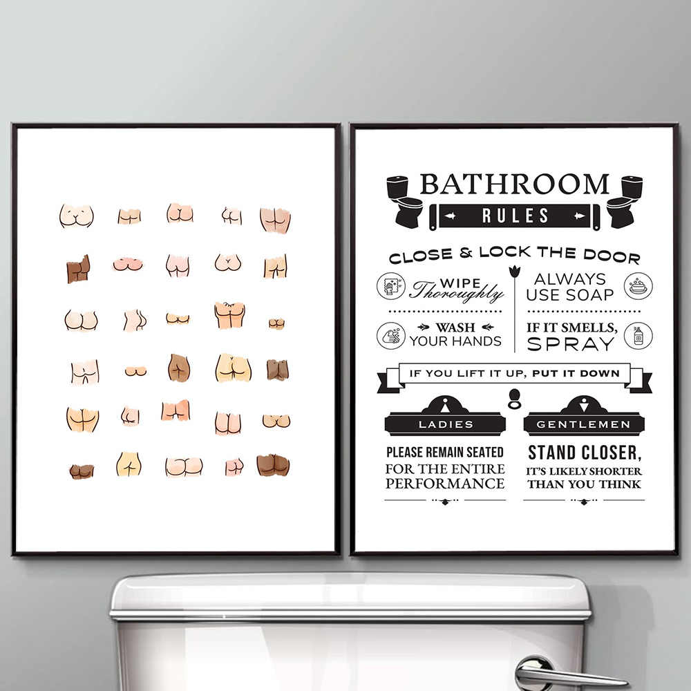 Home Bathroom Rules - フレンチブルドッグトイレポスター面白いバスルームルールサイン北欧バットチャートプリントトイレユーモア写真浴室家の装飾