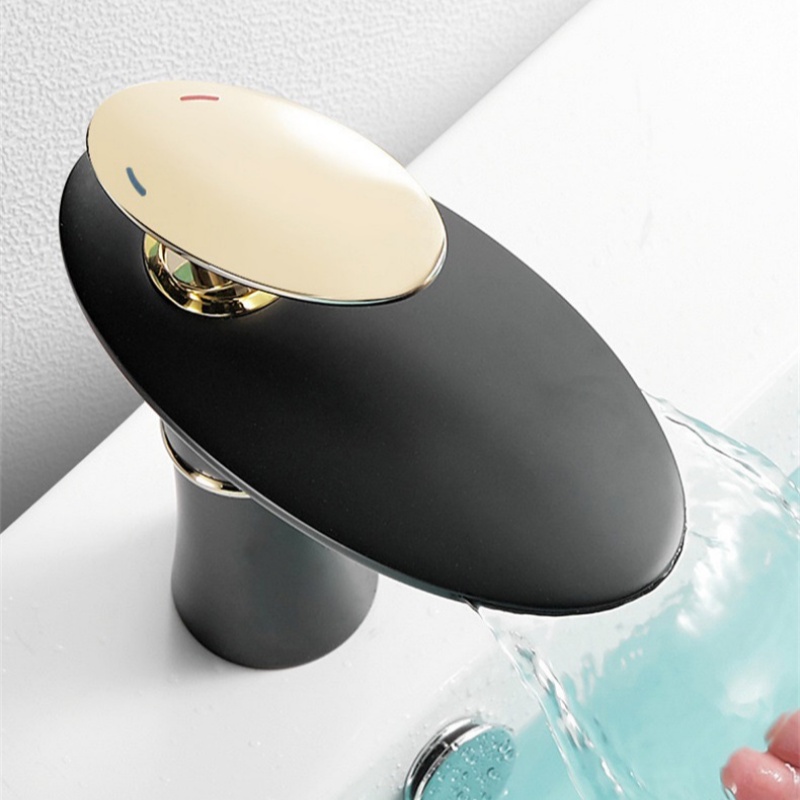 Home Hardware Bathroom Faucets - 滝状洗面台蛇口 ホワイトゴールド 温冷混合水栓 洗面シンクタップ 真鍮製 ブラック