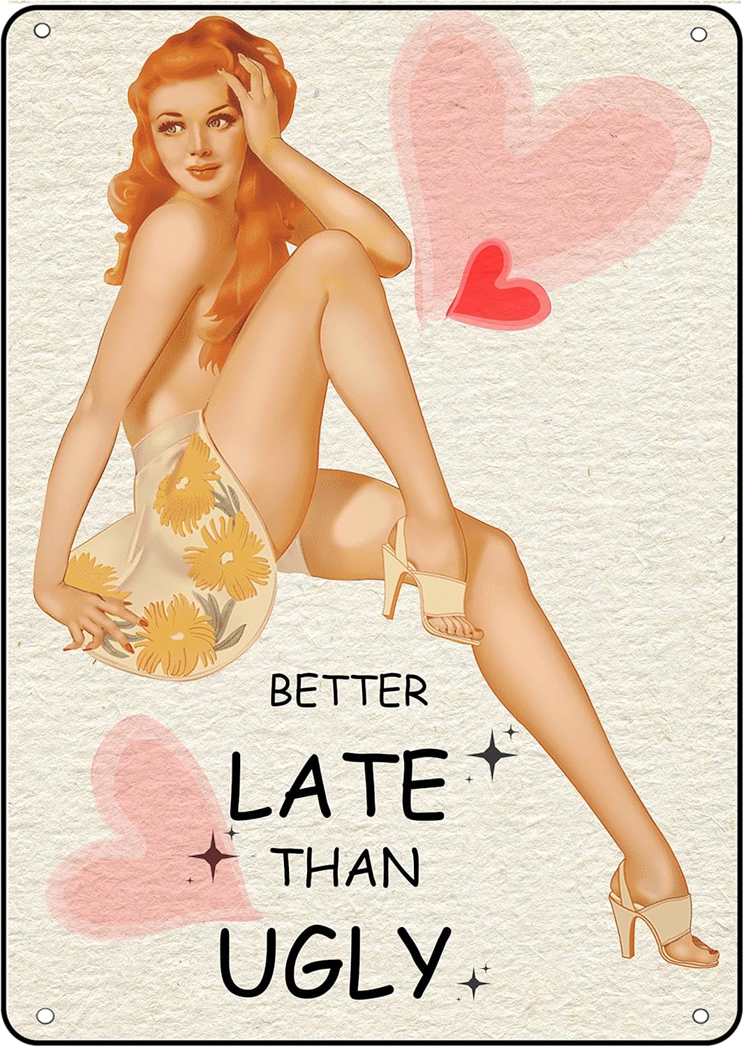 Home Bathroom Sign - バスルームホームピンナップガールメタルブリキ看板「Better Late Than Ugly」レトロウォールアート装飾、バスルームや寝室の装飾に