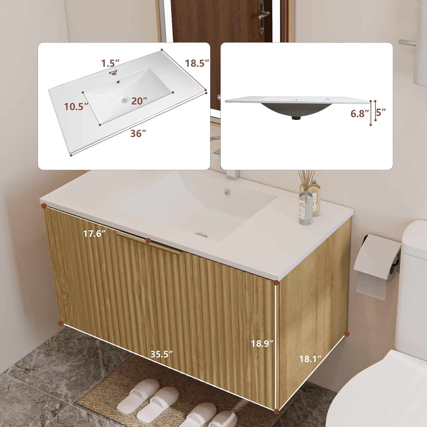モダンなフローティング式洗面化粧台、波状テクスチャの扉付き壁 - Home Bathroom Organizer のレビューと価格
